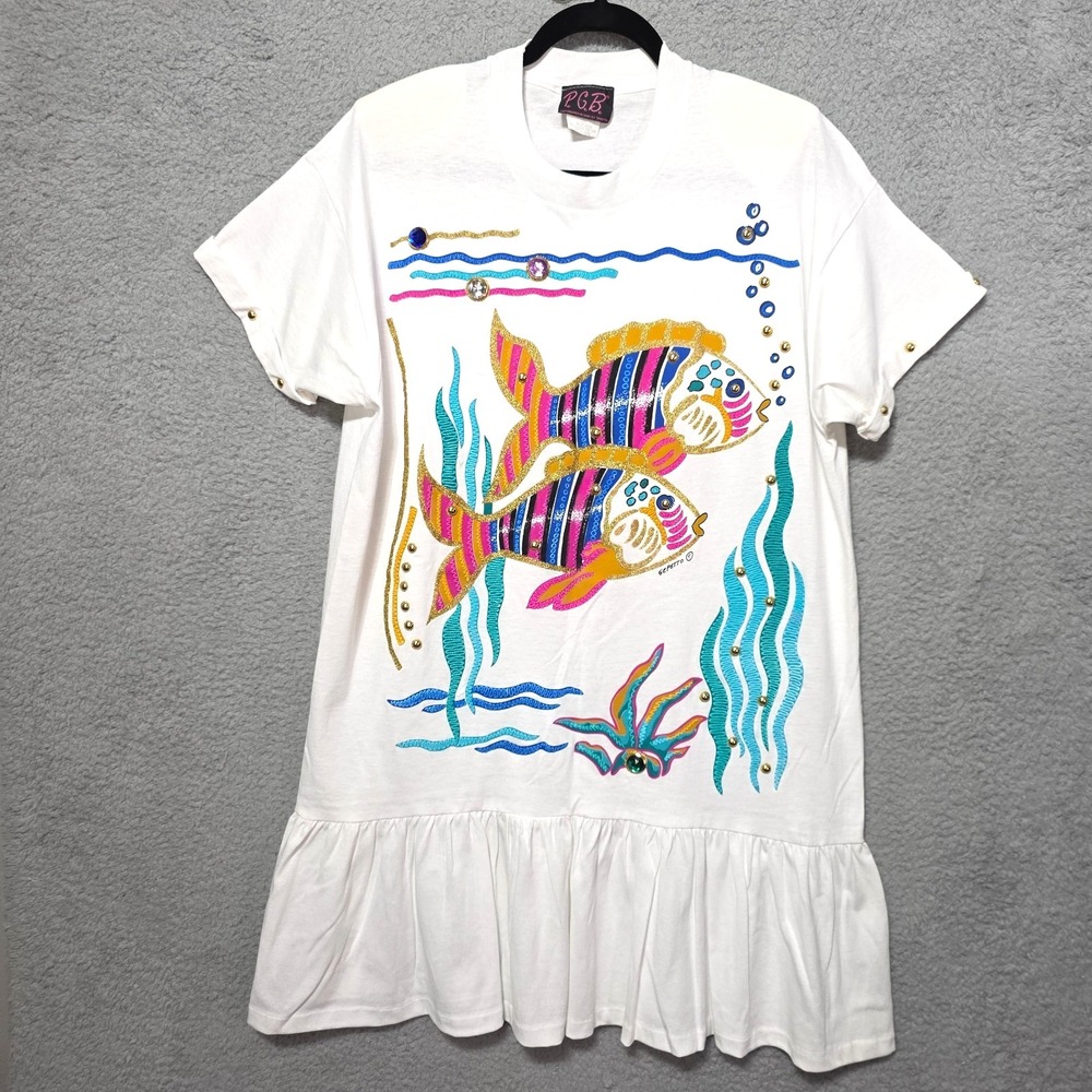 Vintage P.G.B T-Shirt Tropical Fish Dress Puff Pain Studs Shoulder Pads‎ Large